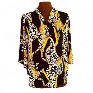 Profile Apparel Wm’s L Top Black Yellow White Print 3/4 Sl V-Neck Lightweight